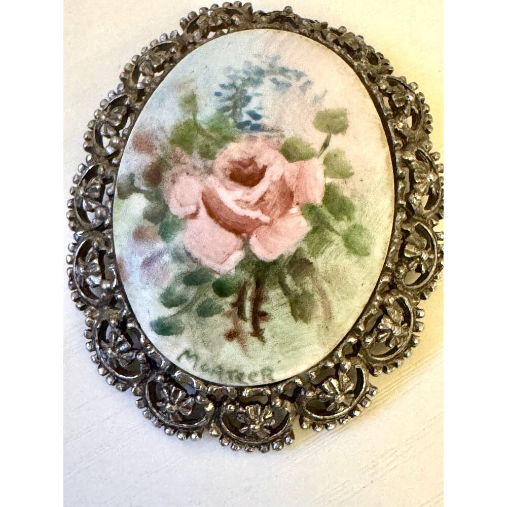 Vintage Pale Pink Roses Hand Painted on Porcelain Cabochon Brooch Pendant Signed